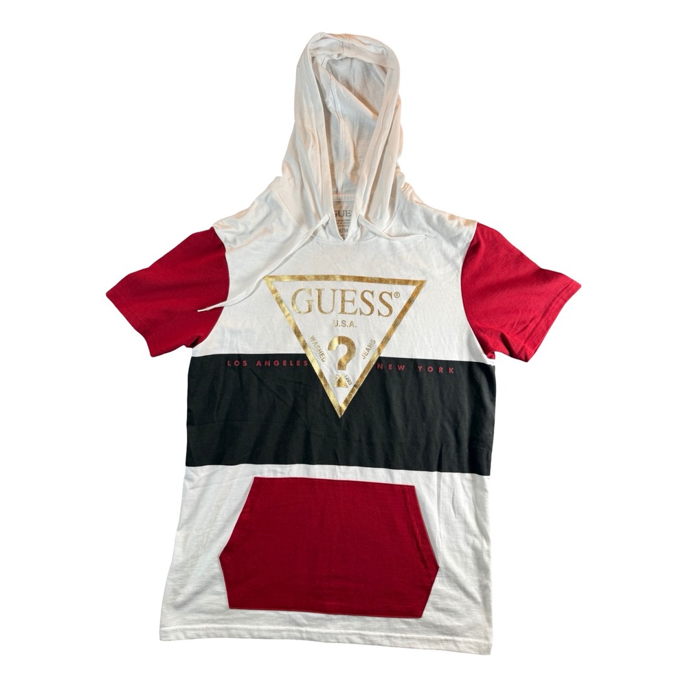 Guess Short Sleeve Hoodie Mens Medium White Red Black Excellent Gold Logo 2810